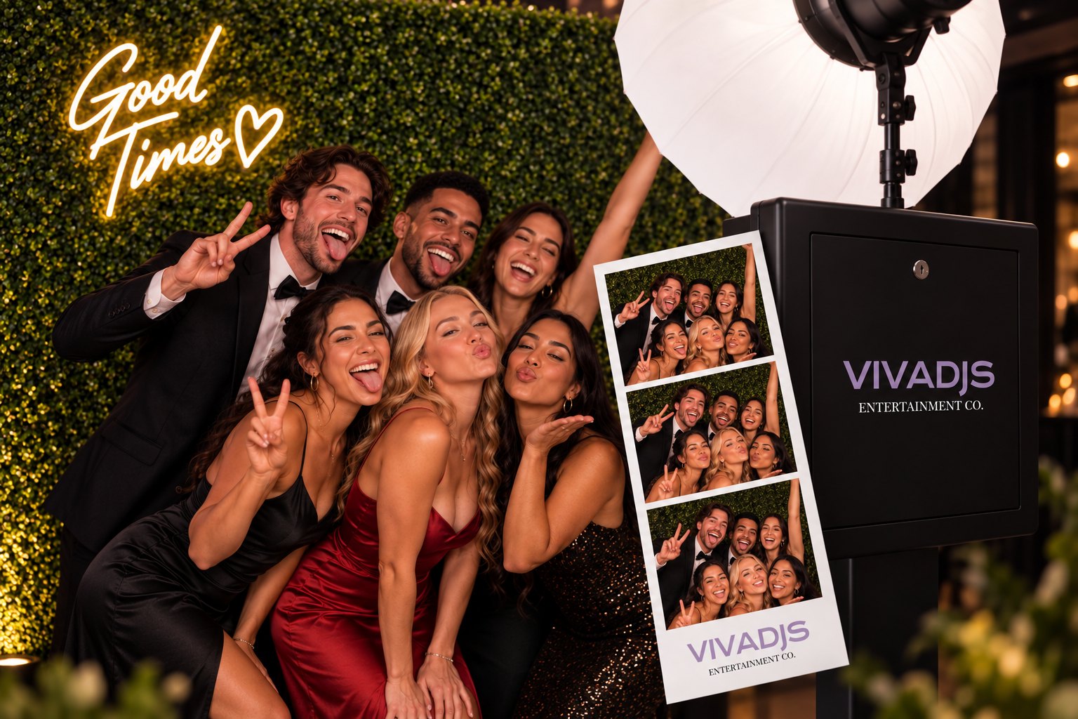 Guests laughing in front of the Viva DJs photo booth holding a fresh photo strip
